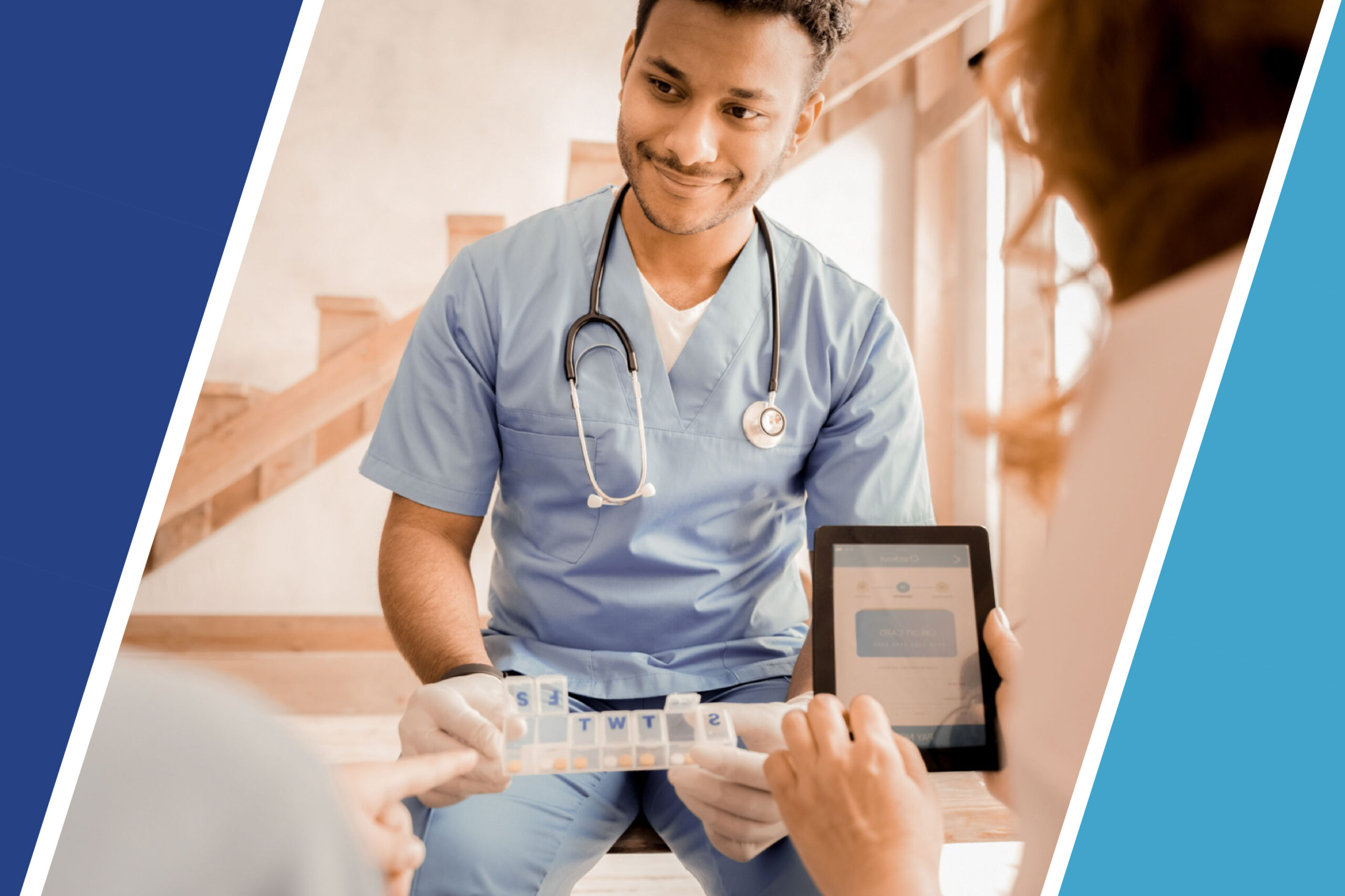 Physician explaining to patients how to use a weekly pill organizer.