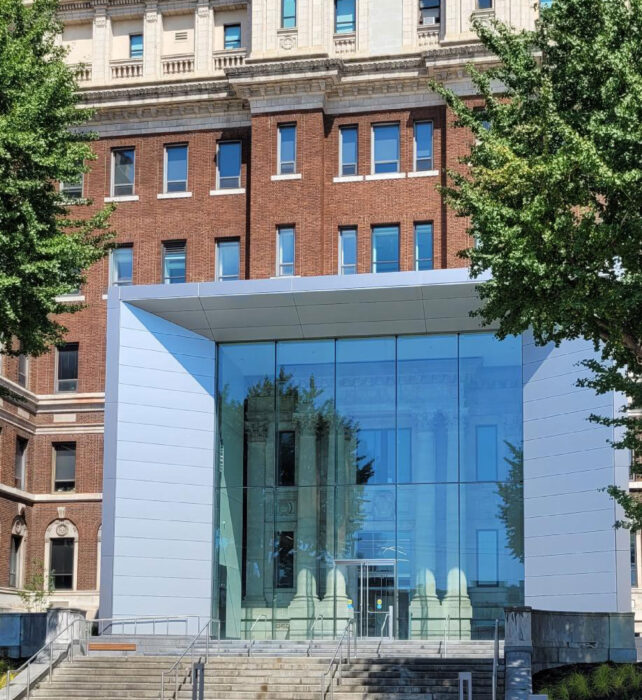The new Cedar Avenue courtyard and entrance of the PHMC Public Health Campus on Cedar